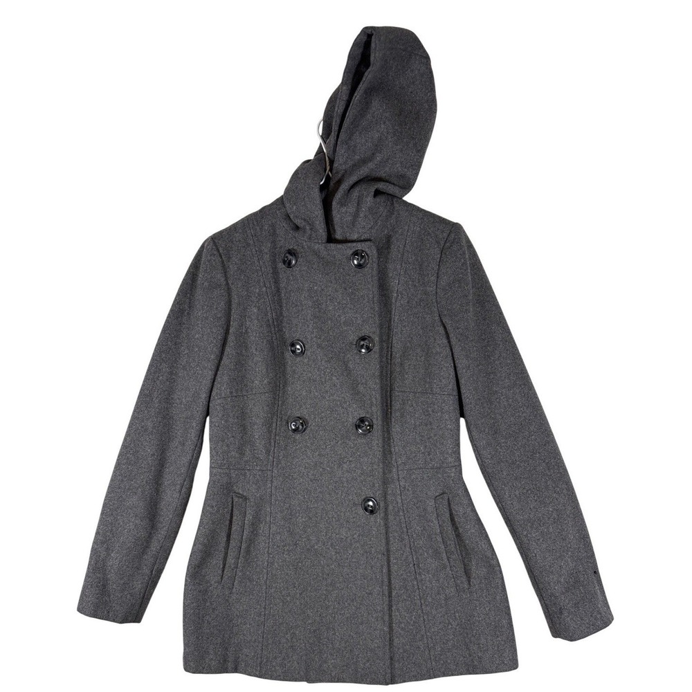 Larry Levine Womens Gray Wool Blend Hooded Double Breasted Pea Coat Jacket XS
